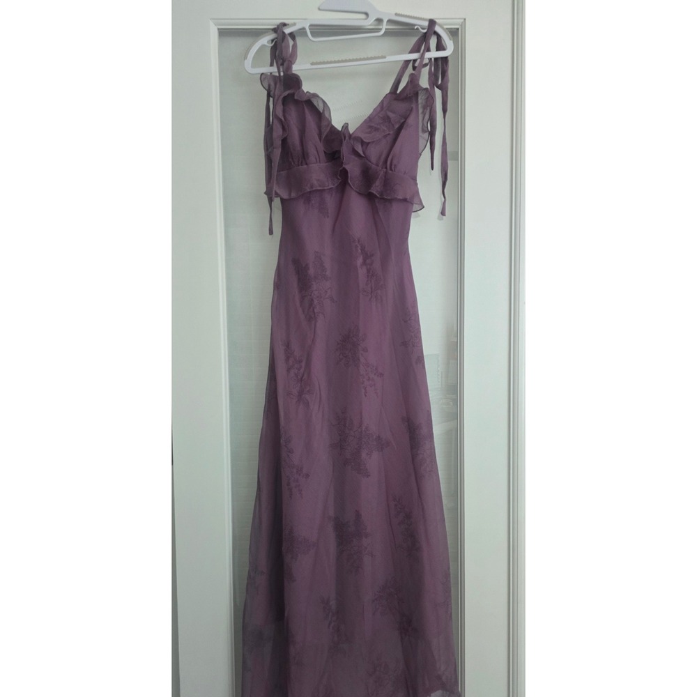 Rihoas Purple Floral Chiffon Ruffle Maxi Dress Tie Strap Fairycore Romantic S